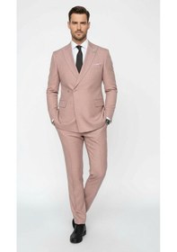 Resim Erkek Slim Fit Çizgili Takım Elbise 2 Top Düğmeli, Çift Yırtmaçlı Modern Kesim Kiremit 