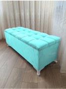 Resim Çizgi Kapitoneli Sandıklı Puf 100 Cm Beyaz Ayak Turkuaz 