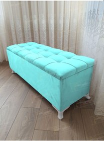 Resim Çizgi Kapitoneli Sandıklı Puf 100 Cm Beyaz Ayak Turkuaz 