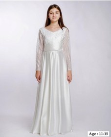 Resim Kız Çocuk/genç Yeni Moda Tafta Kumaş Uzun Kollu Tam Kalıp Abiye Elbise 5799-beyaz Beyaz 