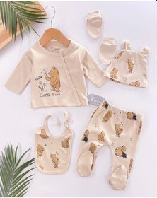 Resim Byb Moda Tasarım Hello Little Bear Baskılı 5 Parça %100 Pamuk Erkek Bebek Hastane Çıkışı Bej 