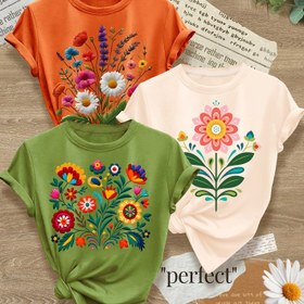 Resim 3 adet Kadın Çiçek Desenli T-Shirt - Canlı Retro Stil, Kısa Kollu Yuvarlak Yaka, Rahat ve Spor, Bahar/Yaz Koleksiyonu, Bedenler S-XXL, Çoklu Renkler Mevcut, Bayan T 