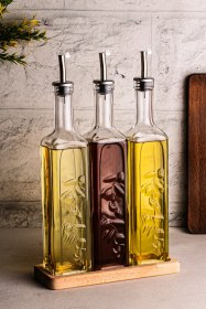Resim Snippy Safir - Ahşap Standlı 3'lü Cam Damlatmaz Yağlık Sirkelik Zeytinyağı Sıvıyağ Şişesi Yağdanlık 500ml Ahşap 