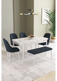 Resim Ikon Beyaz Mermer Desen 80x132 Mdf Açılabilir Mutfak Masası Takımı 4 Sandalye, 1 Bench Antrasit 