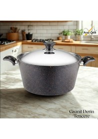 Resim 28 Cm Granit Derin Tencere Çelik Kapak - Siyah Siyah 
