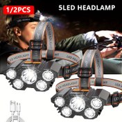 Resim 1/2 Adet 5LED Şarj Edilebilir Baş Feneri, USB Şarjlı, Eller Serbest Balıkçılık Feneri, Kamp, Yürüyüş ve Bakım Aydınlatması İçin Uygun 