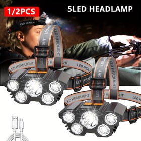 Resim 1/2 Adet 5LED Şarj Edilebilir Baş Feneri, USB Şarjlı, Eller Serbest Balıkçılık Feneri, Kamp, Yürüyüş ve Bakım Aydınlatması İçin Uygun 