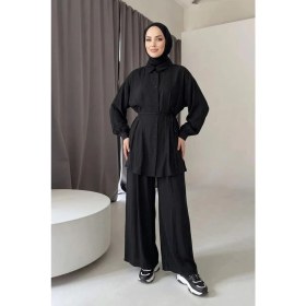 Resim Modestim Kadın Siyah Tesettür Ikili Takım Kuşaklı Salaş Tunik Pantolon Takım Oversize Yazlık Tesettür Kombin 