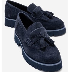 Resim Poen Lacivert Süet Hakiki Deri Püsküllü Kadın Loafer Ayakkabı Lacivert 