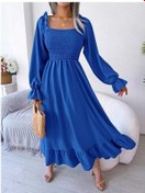 Resim Novahub İlkbahar Sonbahar Kadın Elbise, Mavi Kare Boyun Flared Etek, Uzun Etek, Rahat Elbiseler Mavi 