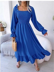 Resim Novahub İlkbahar Sonbahar Kadın Elbise, Mavi Kare Boyun Flared Etek, Uzun Etek, Rahat Elbiseler Mavi 