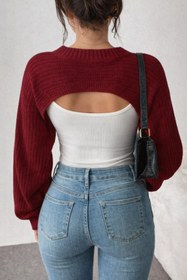 Resim Tarz Cool Kadın Bordo Dekolteli Crop Triko Bolero 