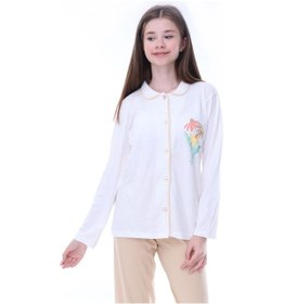 Resim Zuzunga Ekru-bej Çiçek Baskılı Biyeli Düğmeli %100 Pamuk Kız Çocuk Pijama Takımı Ekru - Bej 