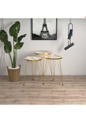 Resim Beyaz Mermer Desenli Gold Metal Ayaklı Gold Detaylı 3lü Çokgen Zi 