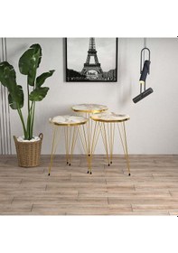 Resim Beyaz Mermer Desenli Gold Metal Ayaklı Gold Detaylı 3lü Çokgen Zi 