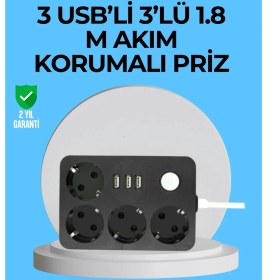 Resim Nevamel 3 USB Çıkışlı 4’lü Akıllı Priz 2500W 2 Metre Kablo 