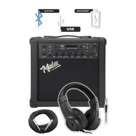 Resim Midex MGA-25BK-PAK 25 W USB Bluetooth ve Şarjlı Elektro Gitar Amfisi (Amfi Mikrofon Stand Kulaklık Jack Kablo) 