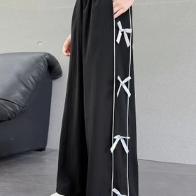 Resim Kızlar için Y2K tarzı siyah düz paça pantolon, yan dikişli ve kurdele detaylı - Yumuşak esnek kumaş, elastiği bel, okul, dış mekan sporları, koşu, dans için bol fit - Bahar yaz sonbahar rahat pantolon, dans kıyafeti, rahat giyim, kurdele detaylı pantolon, yumuşak kumaş pantolon, dış mekan için 