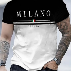 Resim Erkekler için "Milano Italia" grafik tişörtü - Siyah ve Beyaz, Kısa Kollu, Yuvarlak Yaka, Tüm Mevsimler İçin Rahat Sokak Giyimi, Spor Tutkunları İçin Mükemmel Hediye, Açık Hava Spor Giyimi | Cesur Harf Baskısı | Rahat Fit, BÜYÜK BEDEN 