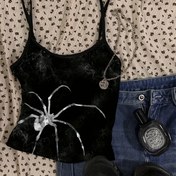 Resim Kadınların Y2K Örümcek Grafikli Kolsuz Üstü - Seksi Spagetti Askılı, Kolsuz, Tüm Mevsimler İçin Moda, Siyah ve Beyaz Örümcek Tasarımı, Polyester Karışımı, Makine Yıkanabilir 