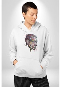 Resim İnsan Kafası Sulu Boya Kadın Erkek Beyaz Kapüşonlu Sweatshirt Hoodie Beyaz 
