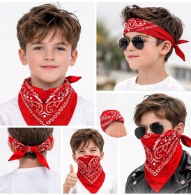 Resim Kırmızı Kovboy Fuları Çocuk Bandana Western Desenli Boyun Fuları 