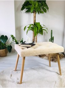 Resim WEBPANYA Gürgen Retro Ahşap Ayaklı Handmade Krem Pofidik Puf Bench Koltuk Sandalye 