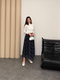 Resim Kadın Lacivert Ekose Desenli Yüksek Bel Lastikli Şifon Asimetrik Uçlu Uzun Etek 52861 - Lacivert / L-XL 