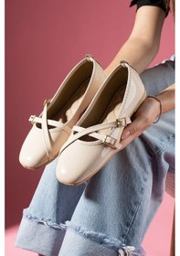 Resim Kadın Rugan Çapraz Biye Ve Toka Detaylı Babet - Krem - 39 Krem 