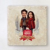 Resim Karda Yürüyüş ve Aşkımız Karikatürlü Taş Bardak Altlığı 