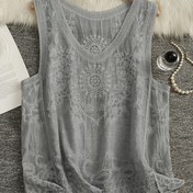 Resim Şık Nakışlı Kolsuz Atlet - Vintage Esinlenmiş Çiçek ve Geometrik Desen, Açık Gri Polyester, Yuvarlak Yaka, Bahar/Yaz için Rahat Uygunluk, Hafta Sonu Rahat Giyim, Rahat Giyim Üstü|Vintage Esinlenmiş Üst|Esnek Kumaş 