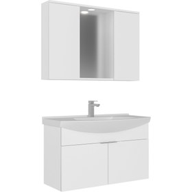 Resim Orka Purus 100 cm Kapaklı Aynalı Dolaplı Banyo Dolabı Takımı | Spot Aynalı | Beyaz 