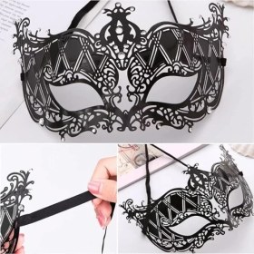 Resim Kristal Gümüş Taşlı Siyah Lazer Kesim Metal Lüks Maske 