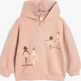Resim Kız Bebek Kapşonlu Sweatshirt Fermuarlı Uzun Kollu Balerin Baskı Detaylı Şardonlu 