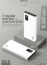 Resim Jopus 10000mAh PowerBank PD 22.5W Hızlı Şarj - Dijital Ekranlı - Taşınabilir Şarj Cihazı - Beyaz JP-P12 