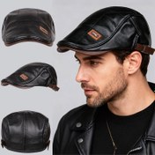 Resim Erkek Ayarlanabilir Askeri Stil Kadet Şapkası - Yumuşak PU Deri Düz Üst Kap, Altın Tonlu Tokalı Kapanış, Resmi ve Günlük Etkinlikler için Yapılandırılmış Kesim 