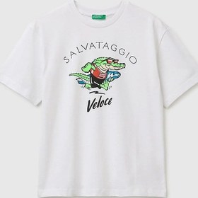 Resim United Colors Of Benetton Erkek Çocuk Ön Baskı Detaylı Bisiklet Yaka T-shirt Beyaz Ekru 6-13 Yaş-2829 