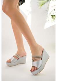 Resim Bulutmod Ba04482 Gümüş Kadın Saten Sargı Taşlı Günlük Abiye Dolgu Topuklu Terlik Gümüş 