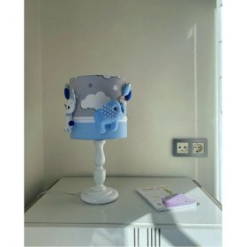 Resim Gri Bulutlu Mavi Beyaz Gümüş Renk Detaylı Karışık Hayvan Figürlü Bebek Çocuk Odası Masa Lambası 