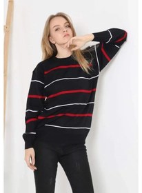 Resim Nnstartshopping Unisex İnce Çizgili Bisiklet Yaka Triko Kazak - Siyah Siyah 