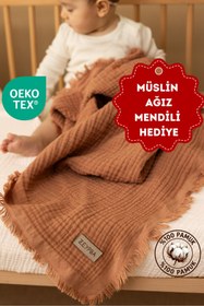 Resim ZEYPBA % 100 Pamuk 4 Katlı Müslin Örtü Mocha Mousse 110x110 cm (Bebek & Çocuk İçin) Püsküllü 