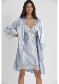 Resim Pierre Cardin Saten Dantelli Gecelik Ve Sabahlık Takımı - 4075 Mist 
