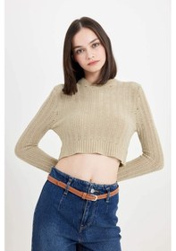 Resim DeFacto Regular Fit Crop Bisiklet Yaka Örgü Delikli Triko Kazak C6321AX24WNGN270 Yeşil 