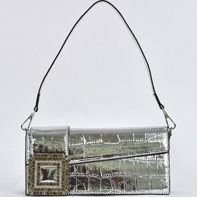 Resim Elatae Kadın Omuz Askılı Kroko Desen Rugan Abiye Çanta Gümüş 17342 Gümüş 