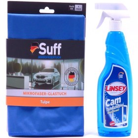 Resim LİNSEY 2'li Avantaj Paket, Cam Temizleyici 500 ml Sprey, Mikrofiber Cam-Ayna Temizlik Bezi, 50x70 cm 