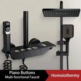 Resim Lüks Dört Taraflı Piyano Tuşlu Duvara Monte Yağmur Bașlığı, İçecek Banyo Spreyi ve El Tipi Şömine Sistemi - Termostatik Kontrol, Siyah Kare Desenli Dayanık Plastic Yapım Kolay Kurulum (Elektrik Gerekliligi yok) Modern banya güncelleme Çözümleri ile Fonkiyonell Muslat Setleri, ısıyla Karıştırma Valfini ihtiva eder. Jakuzide benzer duş şeklinde ideal kullanim 