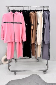 Resim Kadın Büyük Beden Polo Yaka Fermuarlı Şeritli Eşofman Takımı 8213-26 - 3XL / Şeker Pembe 