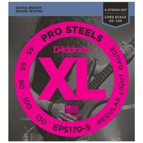 Resim D'Addario EPS170-5 XL ProSteels 5 Telli Bas Gitar Tel Seti - 45-130 Regular Light (Profesyonel) | Paslanmaz Çelik Alaşım, En Parlak ve Agresif Ton Karakteri, Güçlü Baslar 