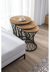 Resim Lazanya Hasır Telli Model Statik Zigon Sehpa Antik Çam Ahşap Tabla Yan Sehpa Kahverengi 