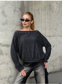 Resim Delikli Kenarlı Omuzları Açık Uzun Kollu Sweatshirt Antrasit 